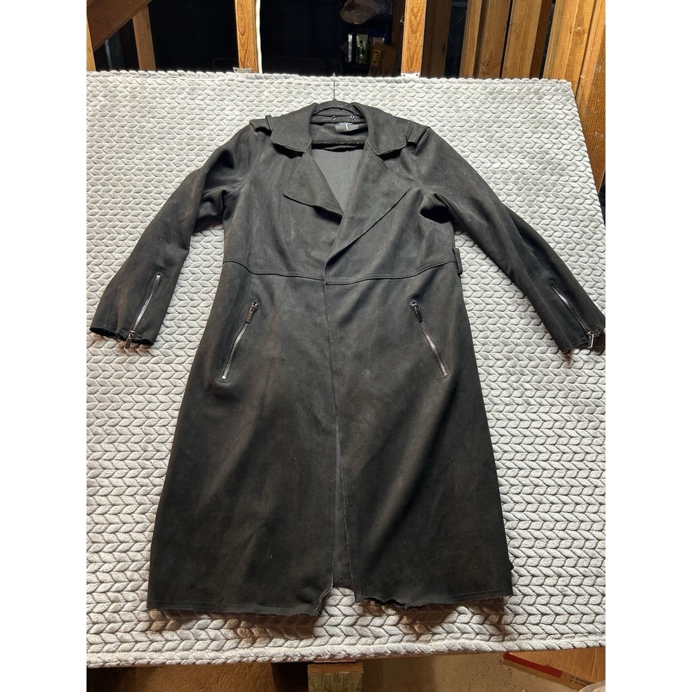Tahari Womens L Black Faux Leather Long Trench Coat Moto Duster Zip Pockets